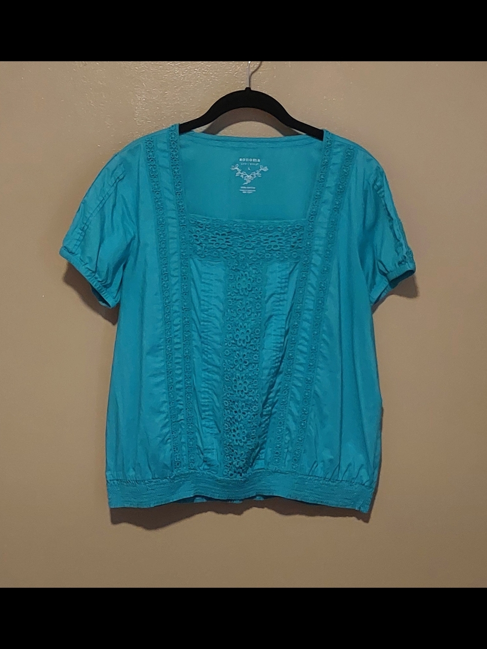 Sonoma Women's Short Sleeved Teal Top W/Crocheted Detail & Ruched Waist, Size L